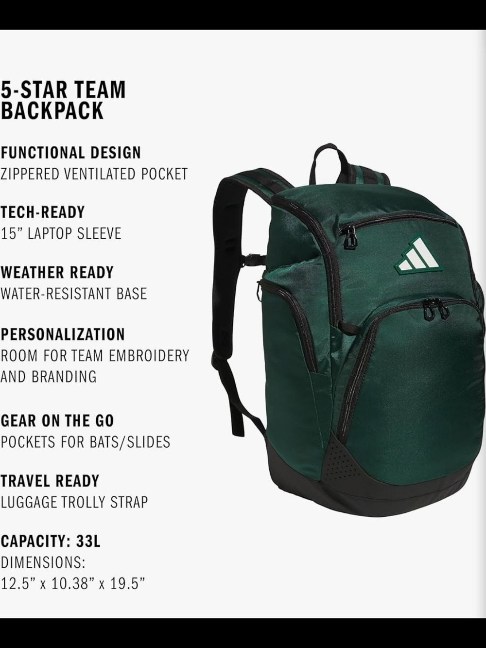 Adidas 5-Star Team Sports Backpack Dark Green - Picture 4 of 10